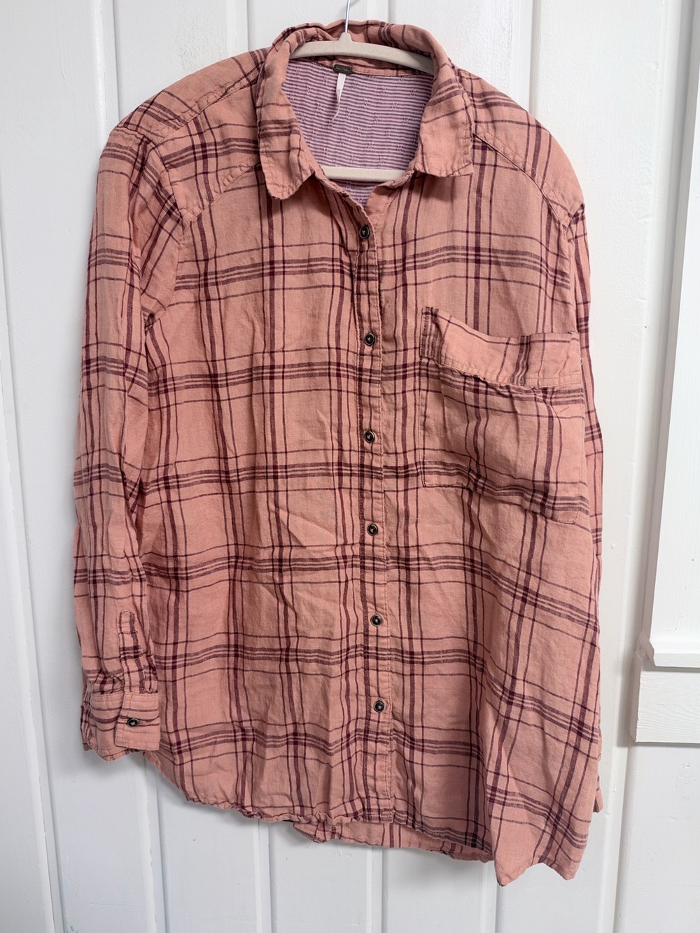 Free People No Limit Linen Plaid Button Up Shirt Dusty Rose Boho